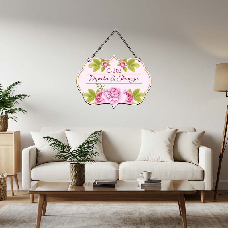 Personalized Floral House Name Plate with Hanging Chain  Door Sign for Home Entrance   deal for Couples, Flats & New Homeowners  Main Door Hanging